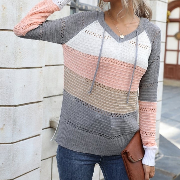 Pink, Tan & Gray Colorblock Longsleeve Sweater - Picture 3 of 5
